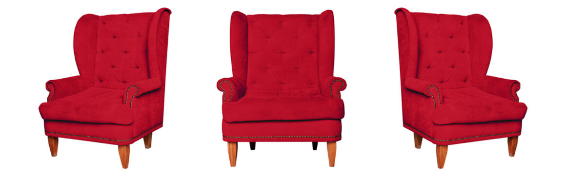 Textile classic red chair isolated on white background. View from different sides - front and two side views