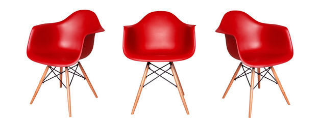 Modern red chair stool isolated on white background. View from different sides - front and two side...