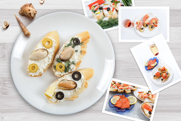 Snapshots of various sandwiches with seafood arranged on rustic wooden background with plates with food and seashells