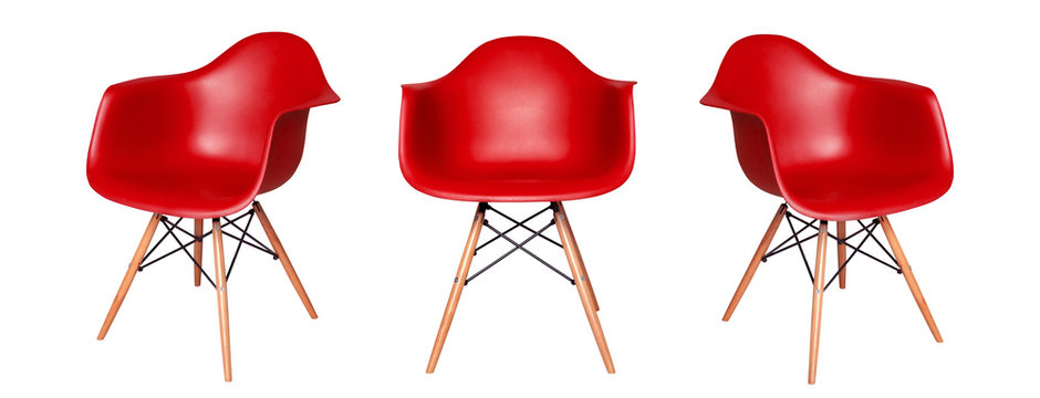 Modern red chair stool isolated on white background. View from different sides - front and two side views