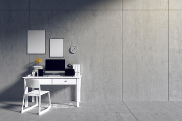 3d rendering : room Minimalist interior light and shadow with pc laptops phone and tablet workplace at front of cement concrete floor and wall. minimalism style loft cement wall in background