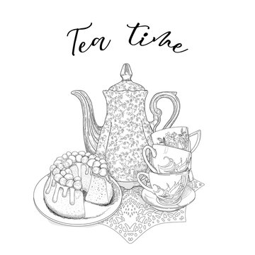 Tea time. Tea and delicious cupcake to tea party. Vector illustration in Vintage style. Hand drawn sketch isolated on white. Teakettle and teacups on lace doily.