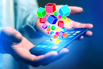 Colorfull data cube going out a smartphone - Technology concept