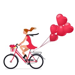 Woman on bicycle with baloons and flowers