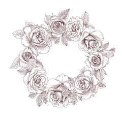 Hand drawn sketch wreath. Round frame. The wreath of flowers and foliage rose. Pattern can be used for design, cards, invitations. Summer flowers. Vector illustration isolated white background.