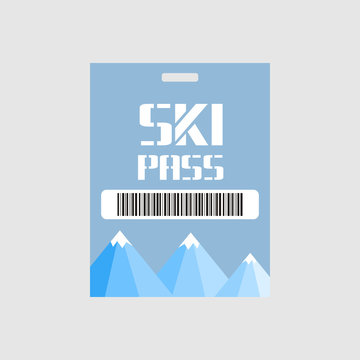 Ski pass vector illustration. Blank ski pass template with barcode. mountains and snow on the background. Horizontal layout.