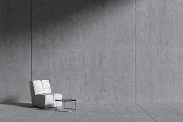 3d rendering : room Minimalist interior light and shadow with white fabric chair at front of cement concrete floor and wall. minimalism style loft cement wall in background