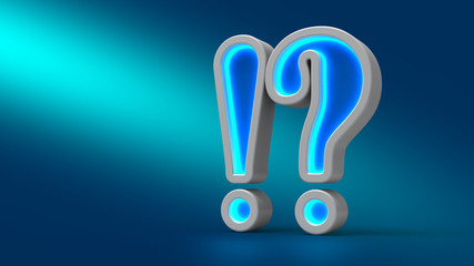 Glowing neon big exclamation question on the table, on blue background,
