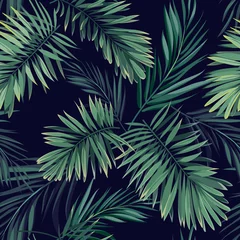 Tapeten Dunkler tropischer Hintergrund mit Dschungelpflanzen. Tropisches Muster des nahtlosen Vektors mit grünen Phönixpalmenblättern. © Ms.Moloko