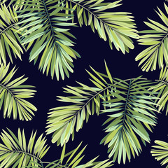 Naklejka premium Bright tropical background with jungle plants. Seamless vector exotic pattern with green phoenix palm leaves.