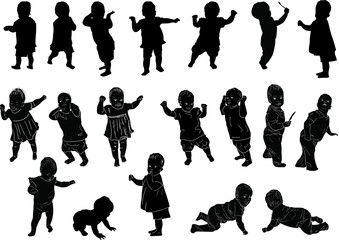 nineteen child silhouettes collection isolated on white