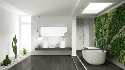 Fototapeta na wymiar Minimalist white bathroom with vertical and succulent garden, wooden floor and pebbles, hotel, spa, modern interior design