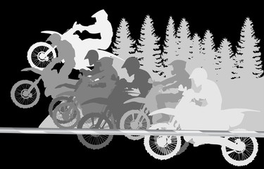 men on motorcycles with firs on background