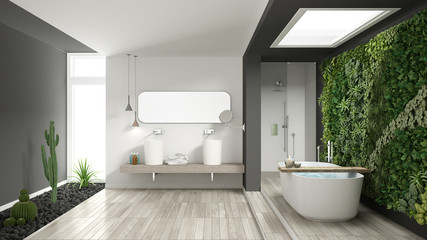 Fototapeta na wymiar Minimalist white and gray bathroom with vertical and succulent garden, wooden floor and pebbles, hotel, spa, modern interior design