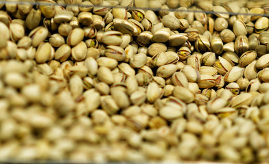 pistachios on the counter of a grocery market