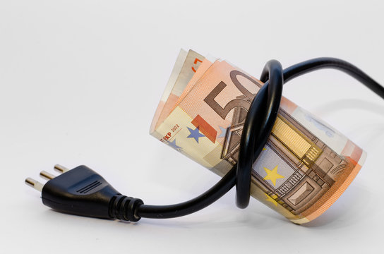 fifty euro money closed by an electric cable with plug and white background