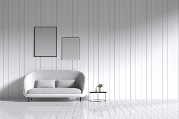  3d rendering : room Minimalist interior light and shadow with white fabric sofa at front of white shiny wooden floor and wall. minimalism style wall in background. white decorate interior