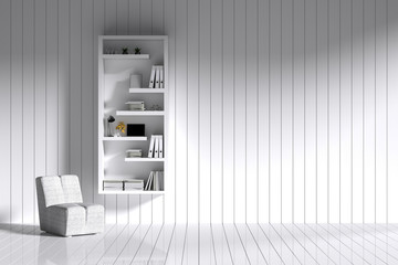 3d rendering : room Minimalist interior light and shadow with white book shelf and chair at front of white shiny wooden floor and wall. minimalism style wall in background. white decorate interior