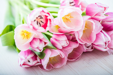 Bouquet of pink tulips on a light background. Holiday card.