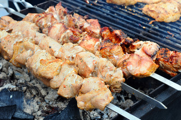 Grilling marinated shashlik on a grill. Shashlik is a form of Shish kebab popular in Eastern, Central Europe and other places. Shashlyk (meaning skewered meat) was originally made of lamb.