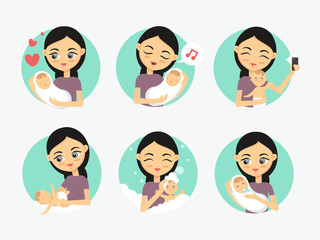 Baby care icons. Woman taking care of a newborn. How to care for the child illustration