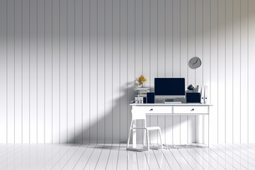 3d rendering : room Minimalist interior light and shadow with pc laptops phone and tablet workplace at front of white wooden shiny floor and wall. minimalism style wall in background