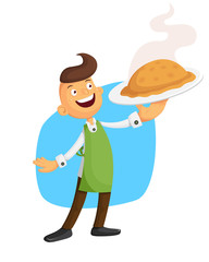 Young baker hipster with pie. Fresh bakery vector illustration