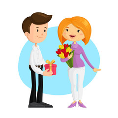 Cute man gives present to woman with bouquet of flowers. Vector illustration in cartoon style of office workers