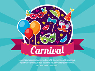 Happy Carnival Festive Concept with Baloons Mask Lips Hat Confetti Feathers. Place for your text message