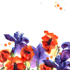 Cute watercolor flower background with poppies and irises in bright colors. Invitation. Wedding card. Birthday card.