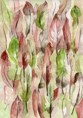 Hand drawn watercolor background with pink and green feathers. Watercolor texture for a card.