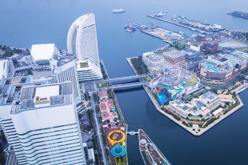 Aerial view of Yokohama city at dusk, Japan