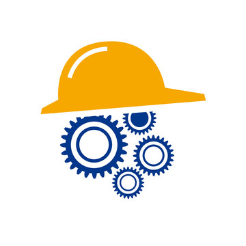 Vector illustration, safety work concept. Gears with helmet