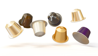  3d image of a series of colored coffee capsules, moving objects. nobody around.