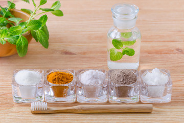 alternative natural mouthwash with mint, toothpaste xylitol or soda, turmeric - curcuma, himalayan...