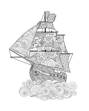 Ornate image of ship on the wave in zentangle inspired doodle style isolated on white.