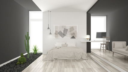 Scandinavian minimalist white and gray bedroom with succulent garden, wooden floor and pebbles, hotel, spa, classic interior design