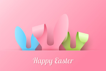 Vector Happy Easter Greeting Card with Color Paper Easter Ears on Pink  Background