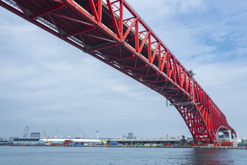 Red bridge , Minato Bridge in Osaka city, Japan