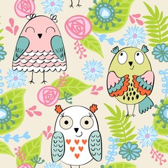 Vector seamless pattern with owls and flowers