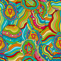 Crazy color seamless abstract hand drawn vector pattern. Summer colours, modern wave and mosaic circles texture. Boho fashion style for prints