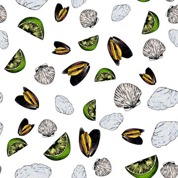 Vector seamless pattern of seafood.Clams, oyster and lime. Hand drawn engraved icons. Colored objects.