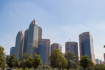 view from the Abu Dhabi Corniche on modern Skyscrapers of Abu Dhabi, UAE