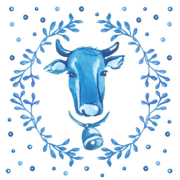 Cow's head surrounded by floral ornament blue hand painted watercolor on white background