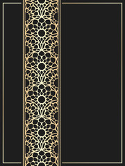 Islamic card. Golden border on black background. Vector template for restaurant menu. Wedding invitation in luxury style. Rising sun pattern.
