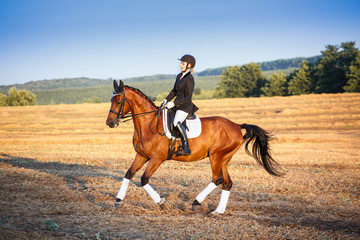 woman riding brown horse wearing helmet in field