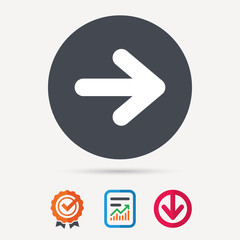 Arrow icon. Next navigation symbol. Report document, award medal with tick and new tag signs. Colored flat web icons. Vector