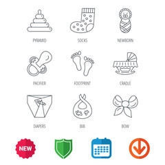 Pacifier, diapers and newborn icons. Footprint, socks and dirty bib linear signs. Pyramid toy, cradle bed flat line icons. New tag, shield and calendar web icons. Download arrow. Vector