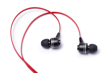 Red earphones on a white background