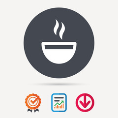 Coffee cup icon. Hot tea drink symbol. Report document, award medal with tick and new tag signs. Colored flat web icons. Vector